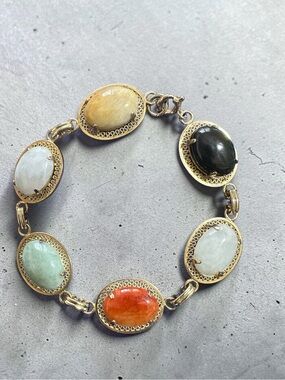 Vintage 1/20 14K Gold Filled Multi Color Jade Cabochon Link Bracelet 7.25"
